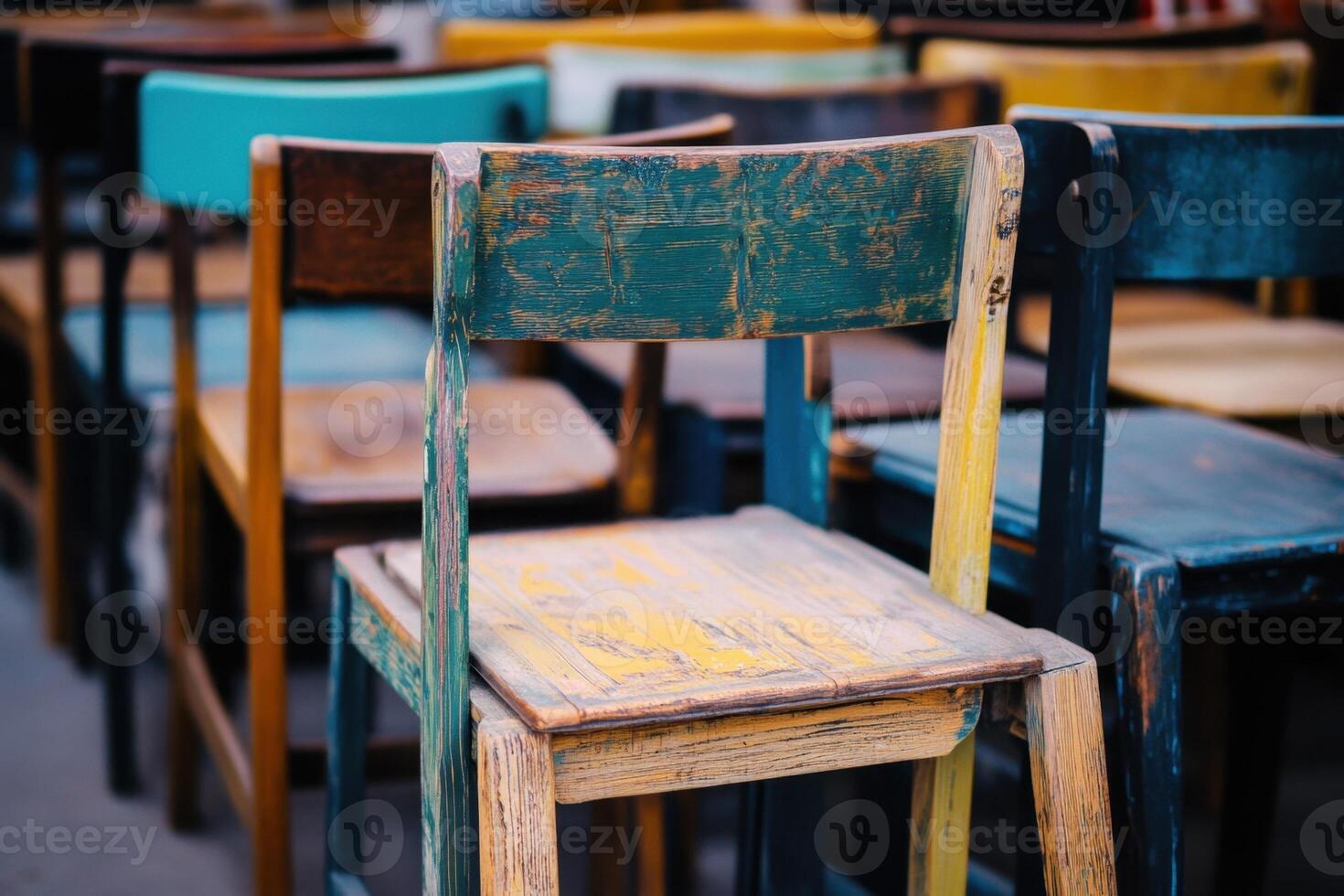 A row of colorful wooden chairs, some are faded, others are painted with bright colors. photo
