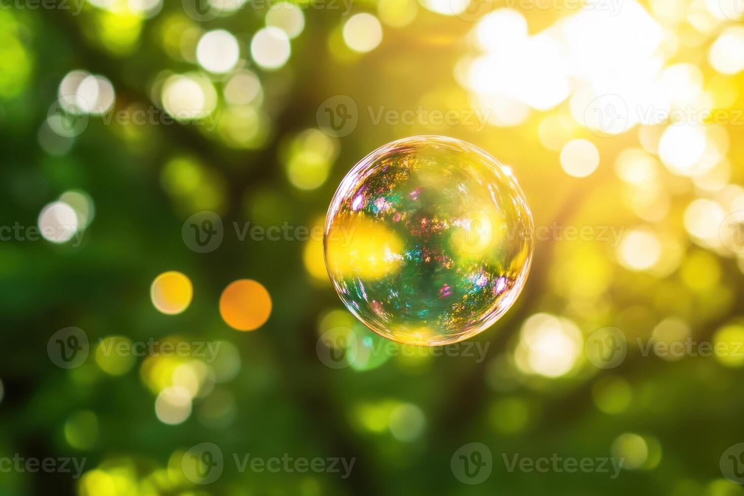 A single iridescent soap bubble floats in front of a blurred background of sunlight through trees. photo