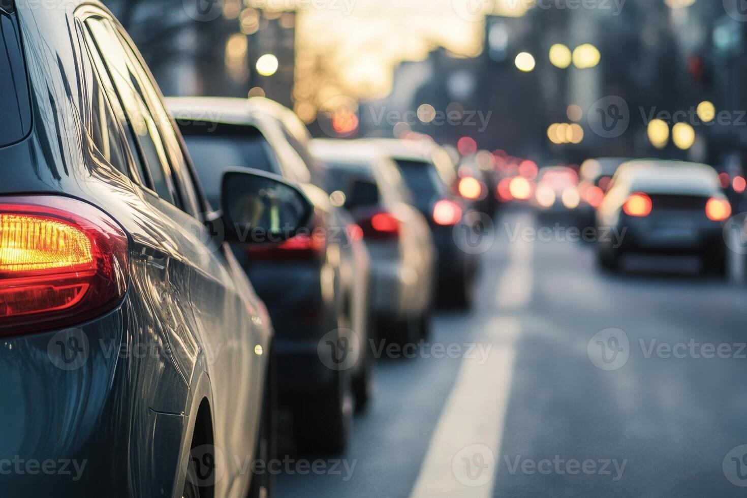 A line of cars stopped in traffic during the evening commute. photo