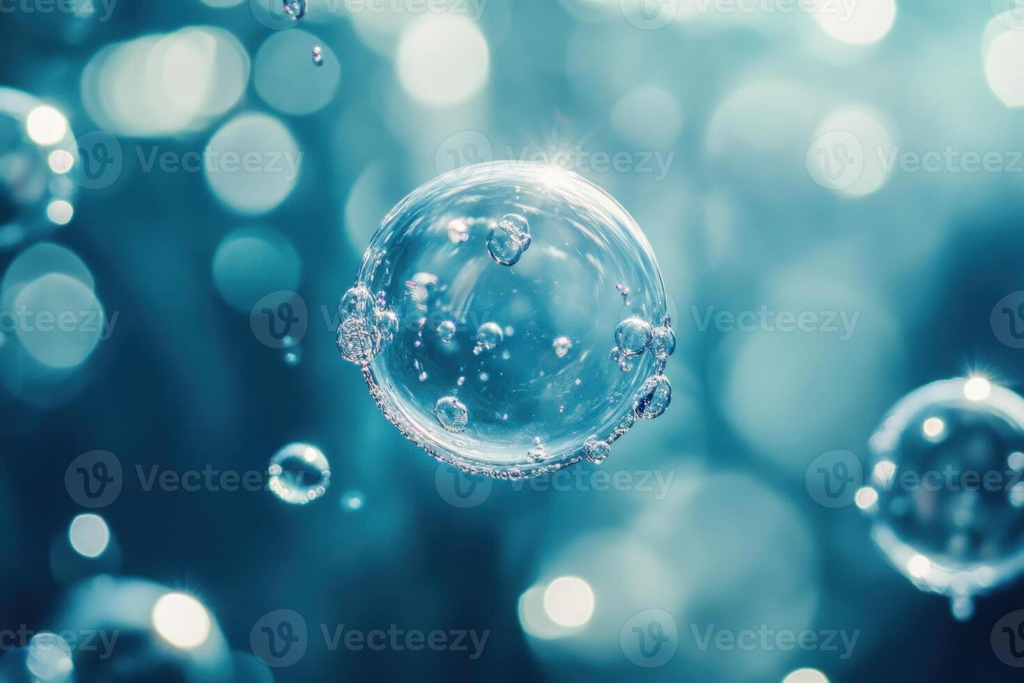 A single water bubble floats in front of a sparkling, turquoise background. photo