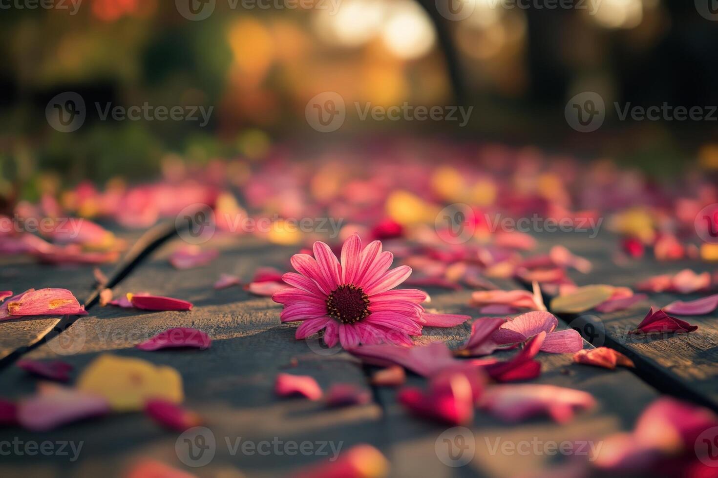 A single pink daisy surrounded by petals on a wooden path. photo