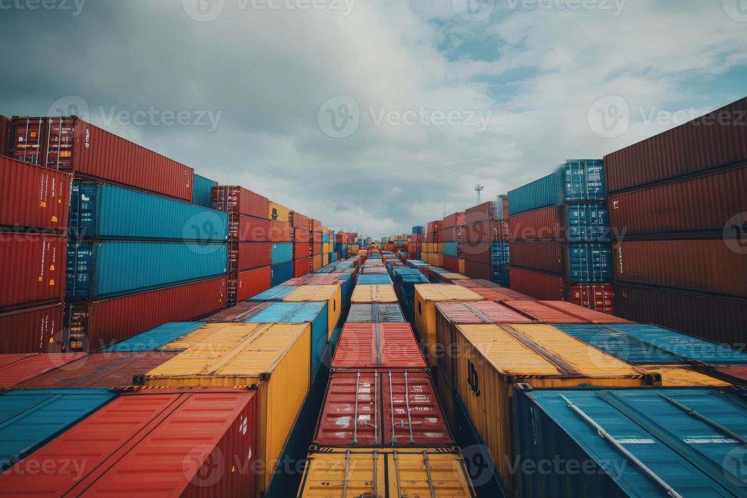 A vast array of colorful shipping containers stacked high in a warehouse. photo