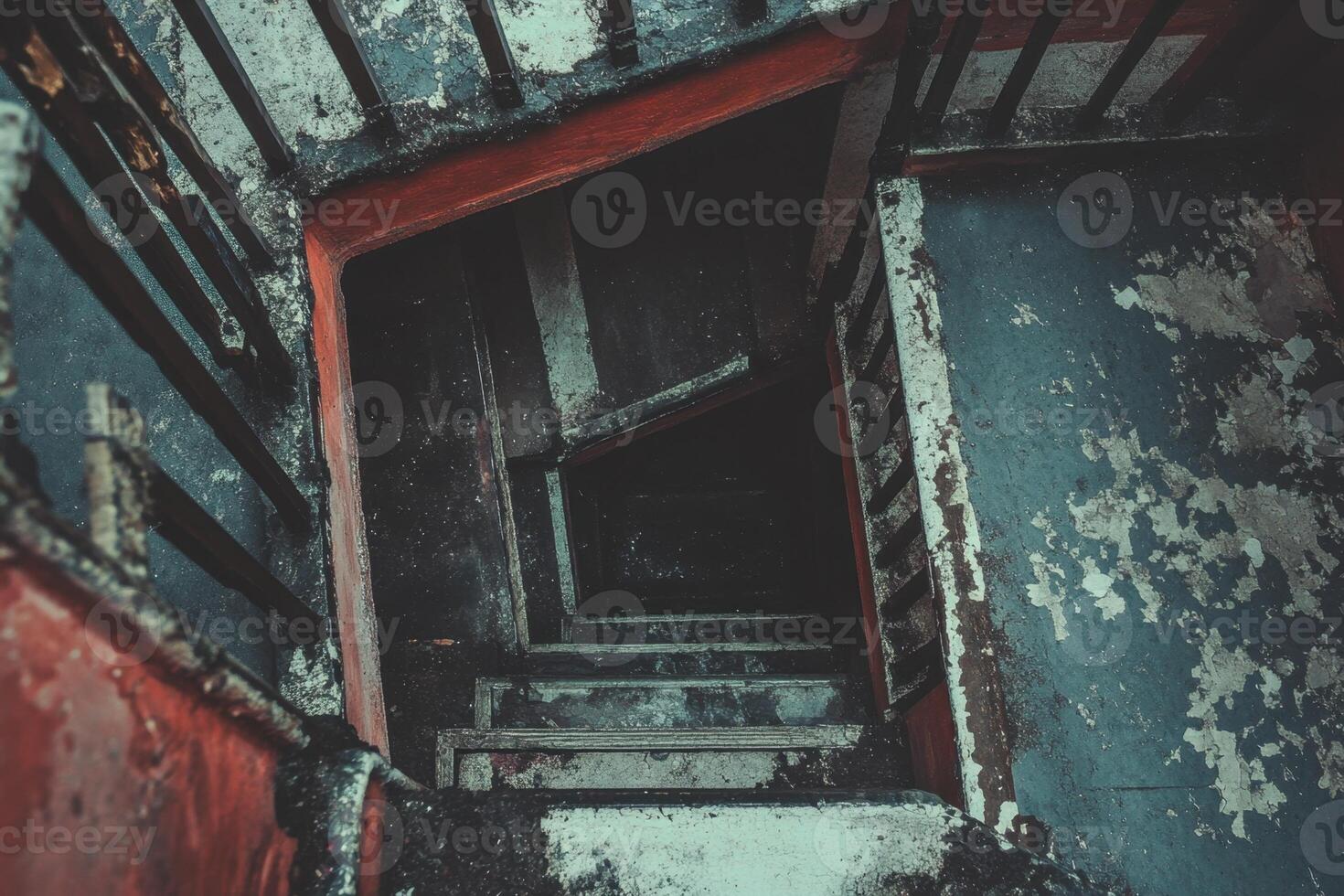 A view down a dark, narrow, spiral staircase in an old building, looking down from the top. photo