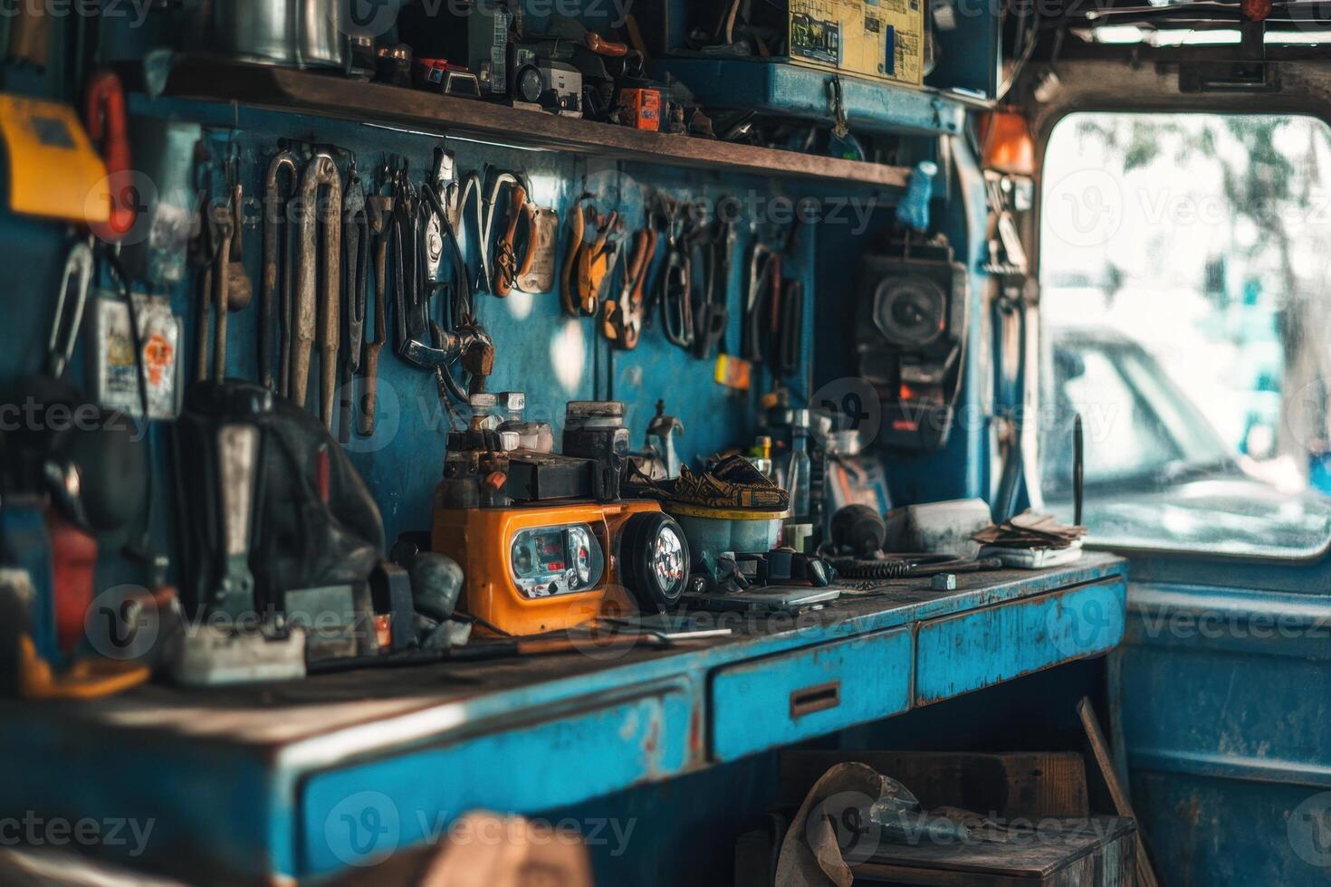 A well-worn workbench with tools and equipment. photo