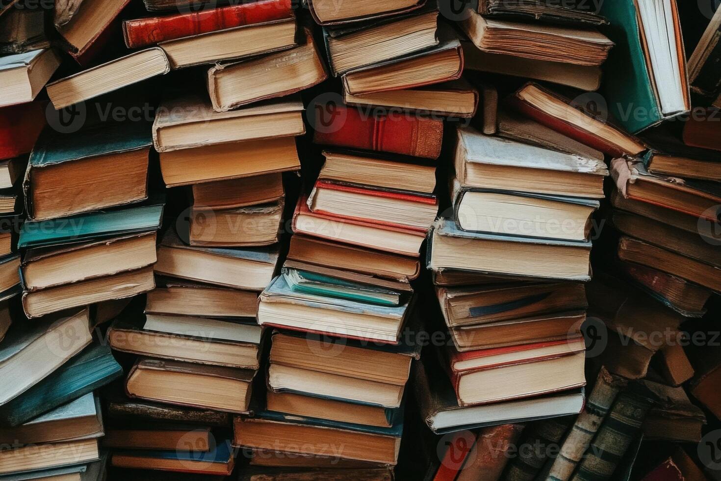 A wall of stacked vintage books with various colors and textures. photo