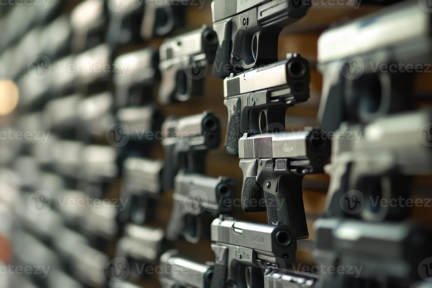 A wall of handguns displayed in a shop. photo