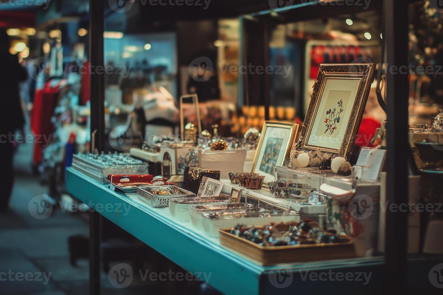 A street vendor stall with various trinkets, jewelry and framed artwork for sale. photo
