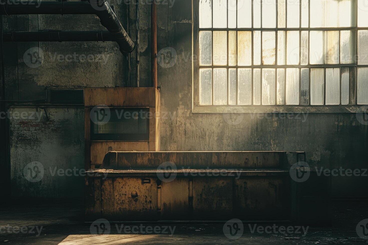 A sunbeam illuminates an old rusty workbench in a derelict factory. photo