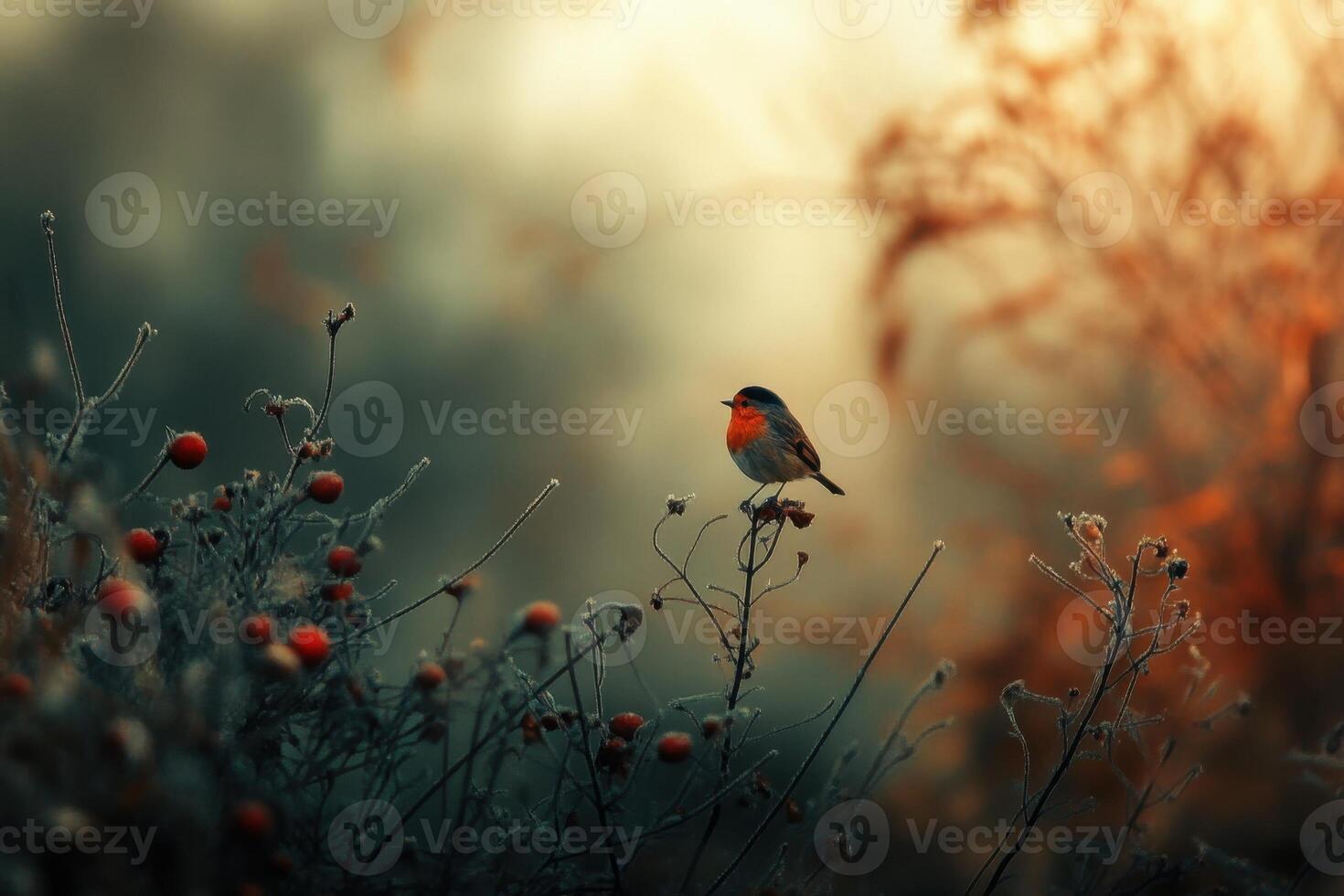 A small robin perches on a frosted branch with red berries, bathed in the soft light of dawn. photo