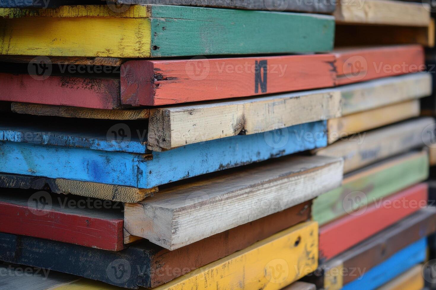 A stack of colorful, weathered wooden boards. photo