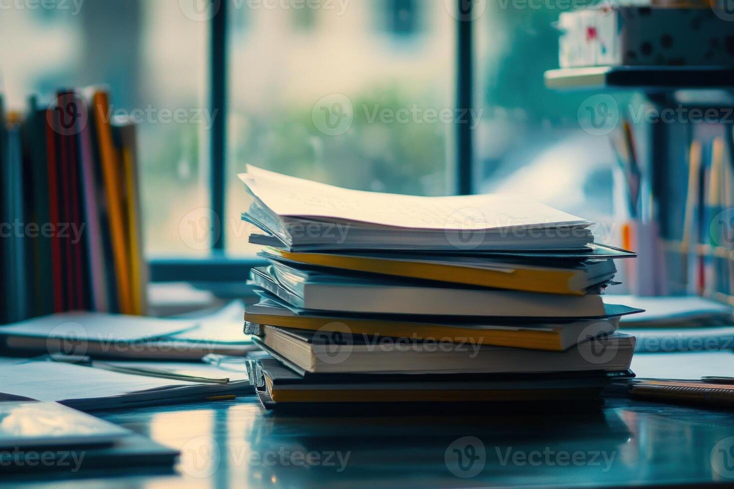 A stack of papers and books on a desk near a window. photo