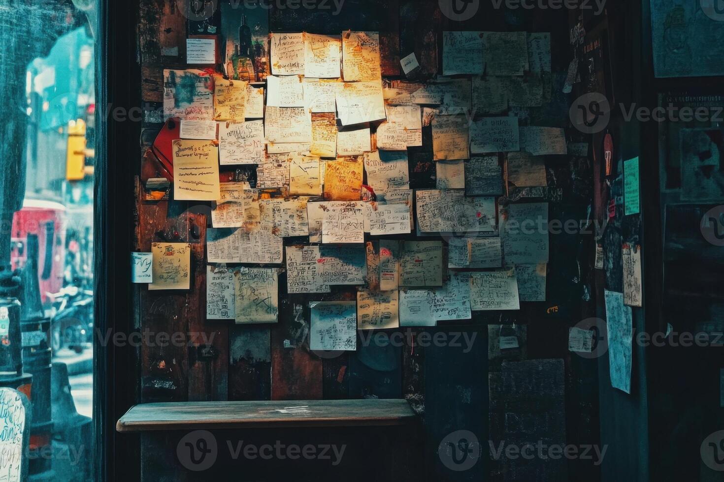 A wall covered in sticky notes, with a small table in front of it, illuminated by a single light bulb. photo