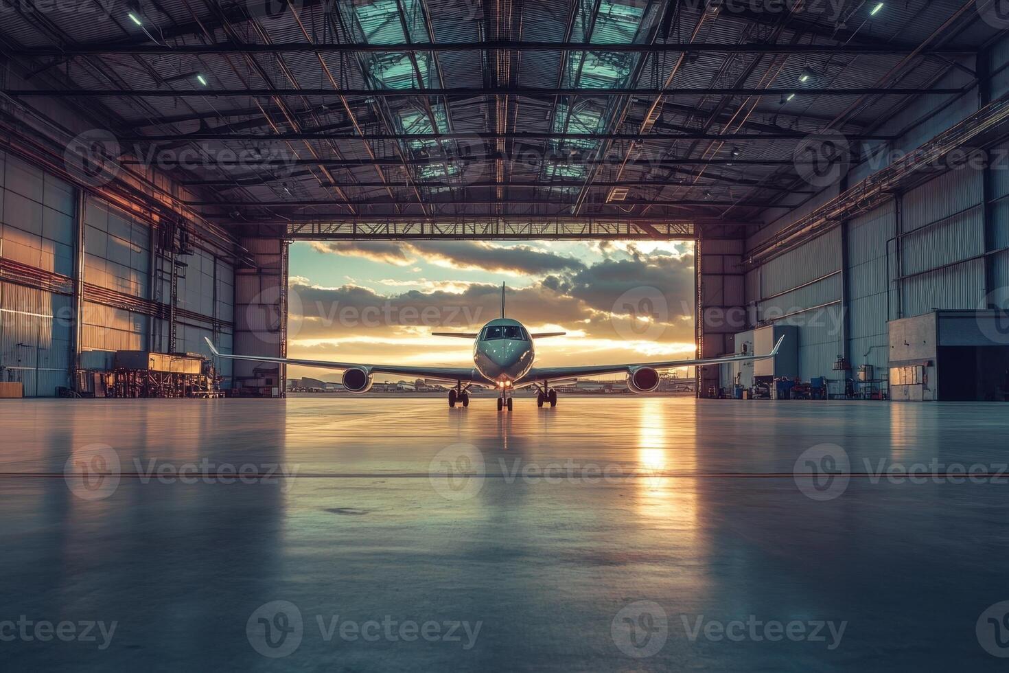 Airplane parked in hangar with open doors. photo