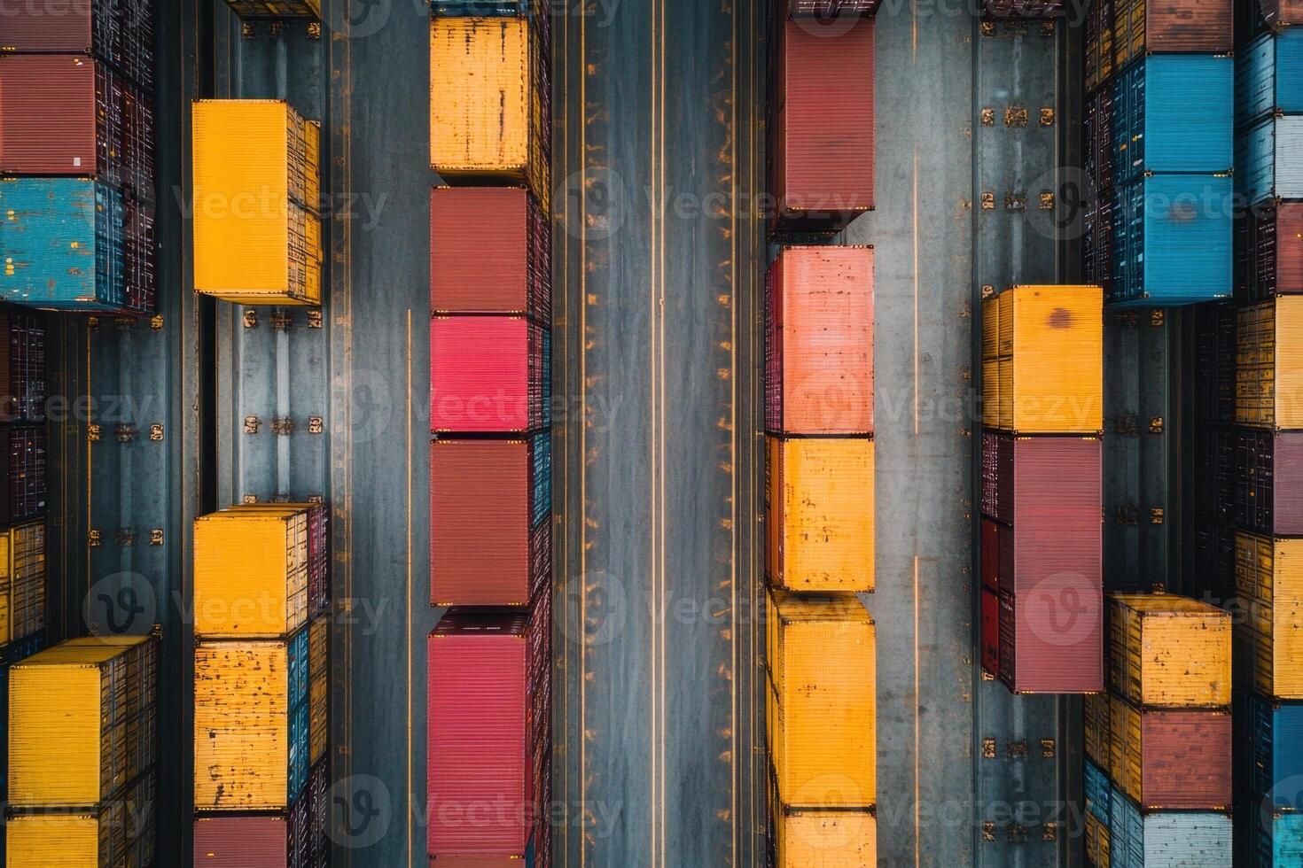 Aerial view of colorful shipping containers stacked in a cargo yard. photo