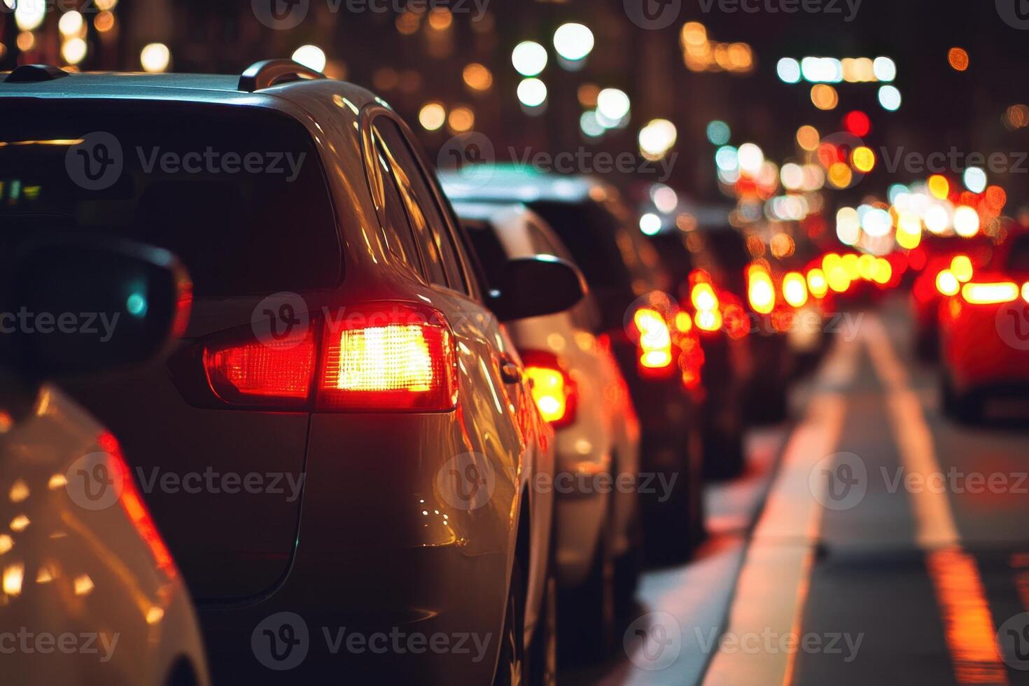 Cars in traffic at night with blurred city lights in the background. photo