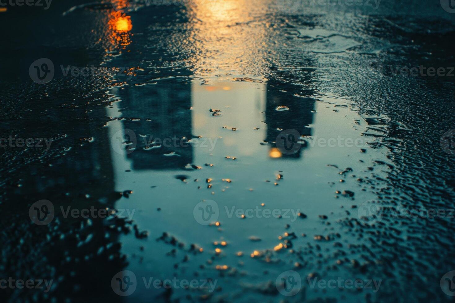 City buildings reflected in a puddle after rain. photo