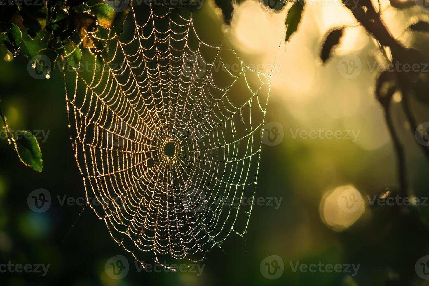 A spiderweb covered in dew drops hangs in the sunlight. photo