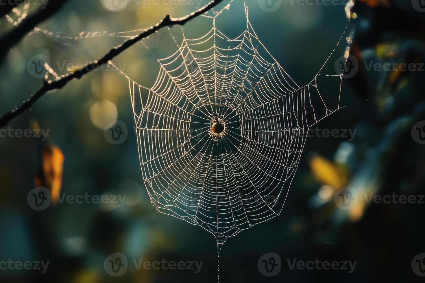 A spiderweb covered in dew hangs between branches. photo