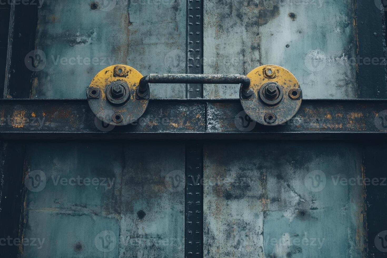 Closeup of a rusted metal door with a handle and bolts. photo