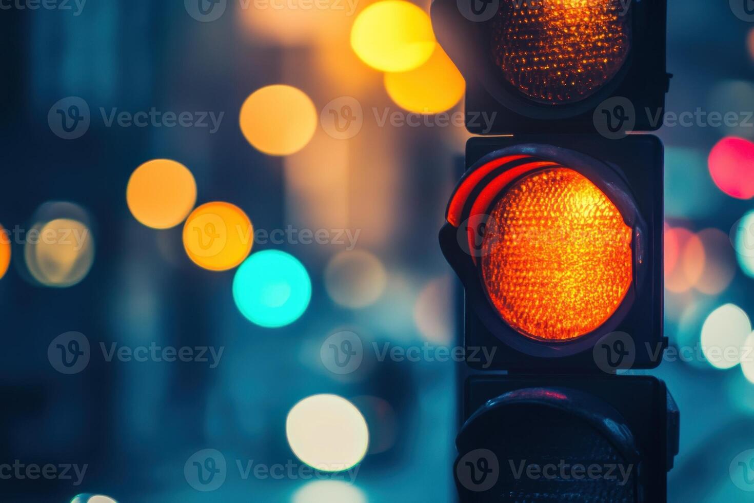 Close-up of a traffic light with an amber light showing, set against a blurred background of city lights. photo