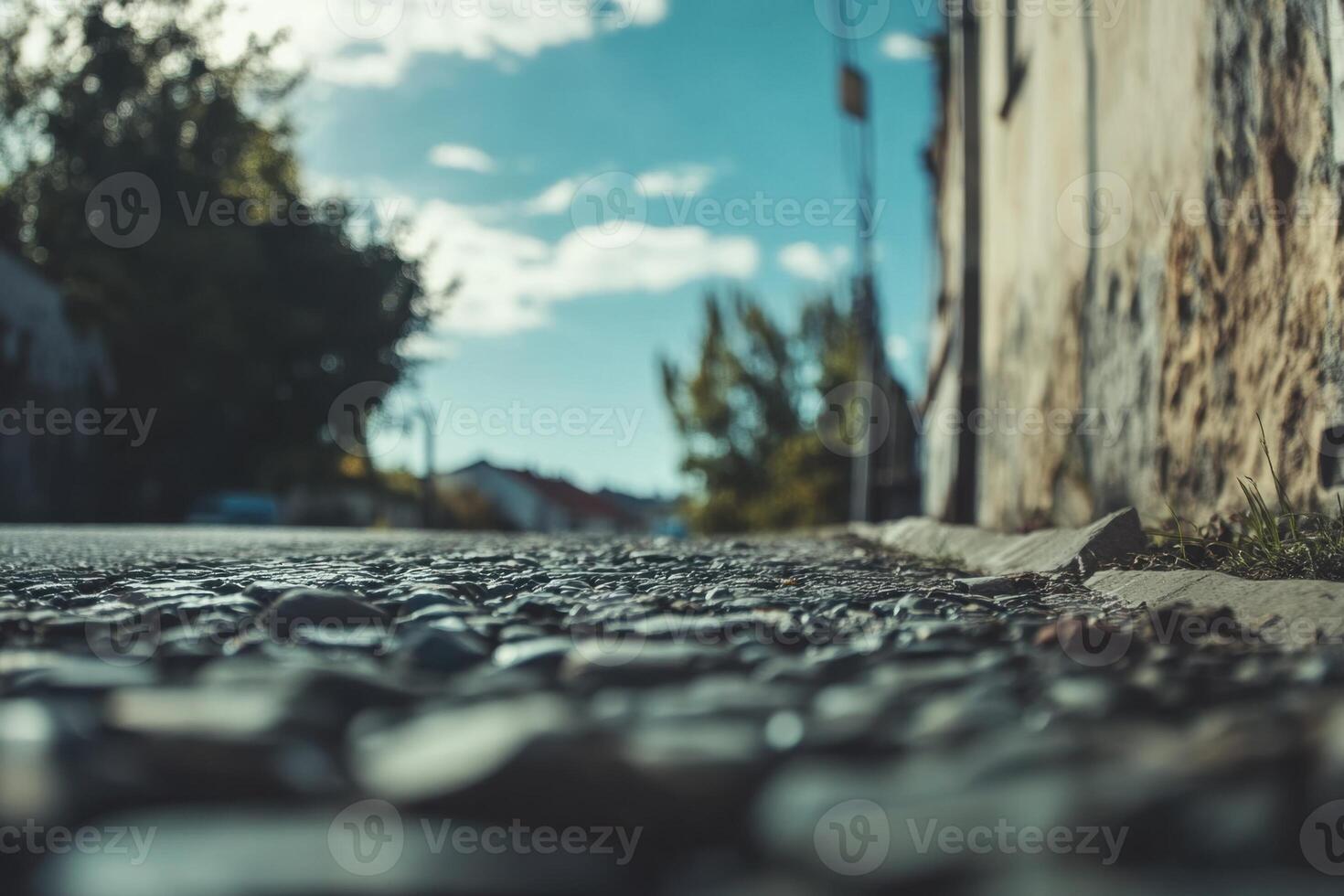 Close-up of cobblestone street with building and sky in background. photo