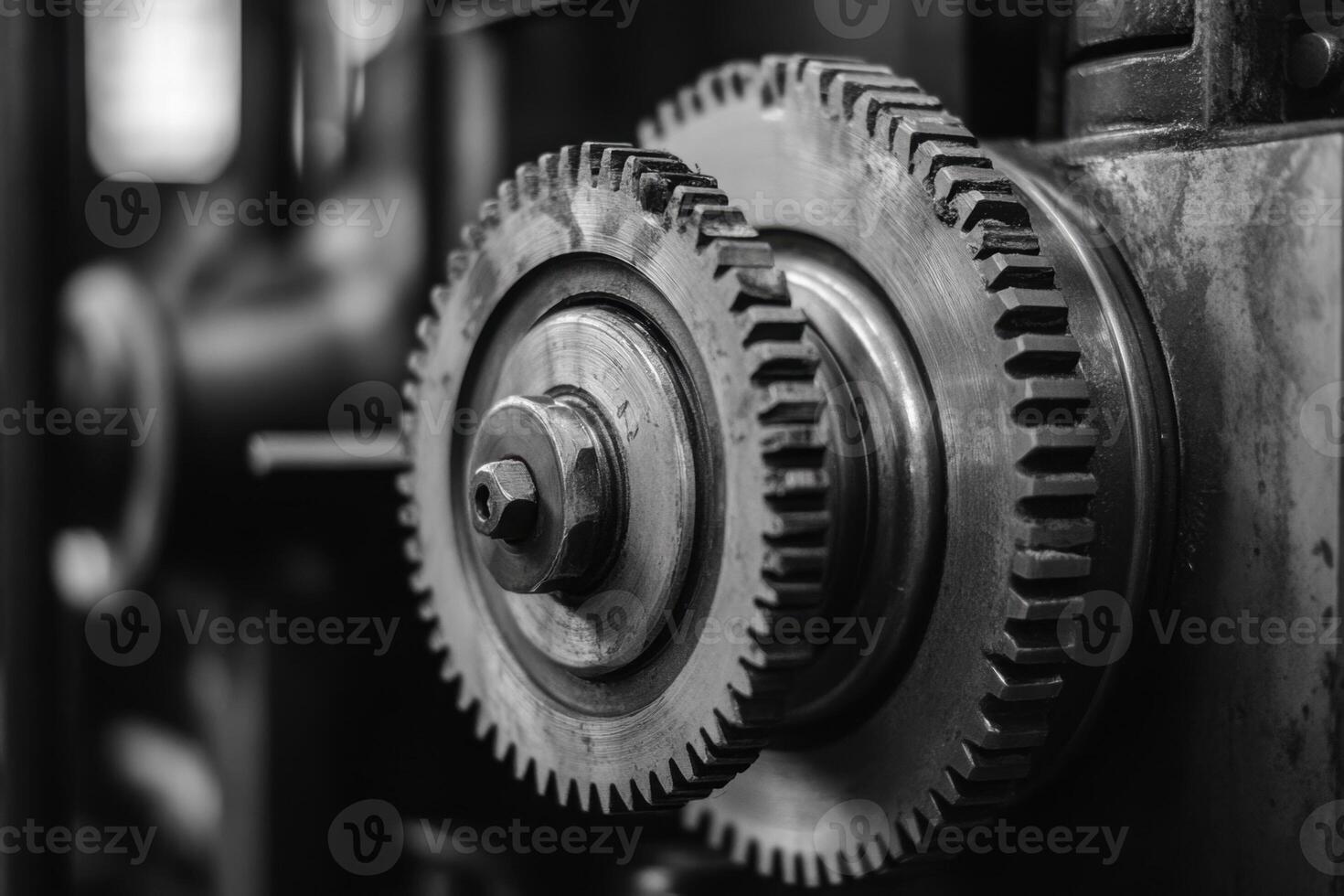 Close-up of two interlocking gears on a machine. photo
