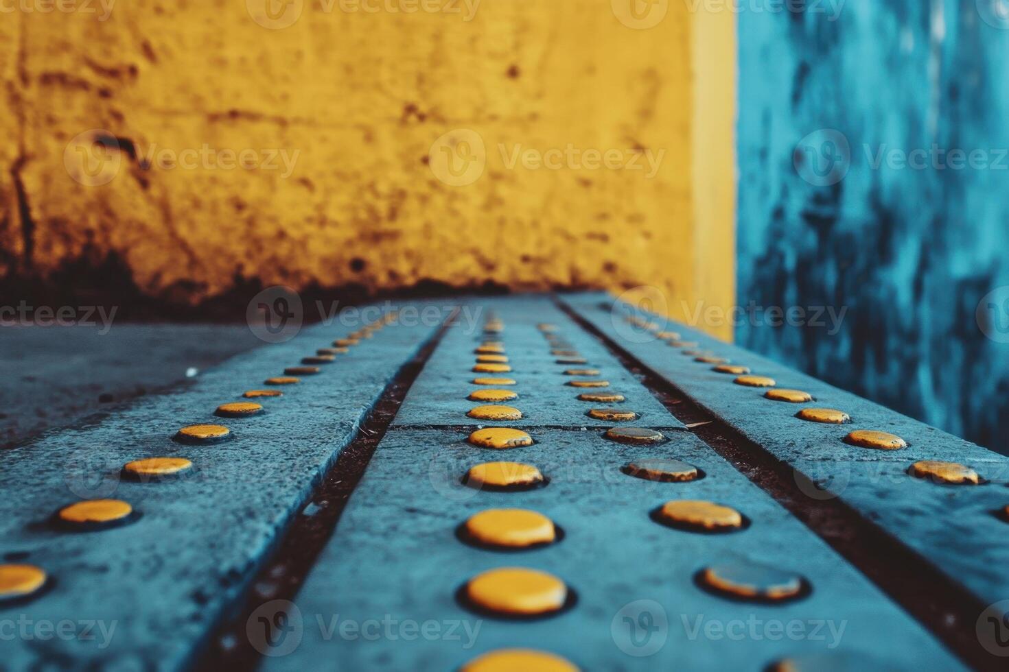 Close-up of yellow tactile paving on a blue sidewalk. photo