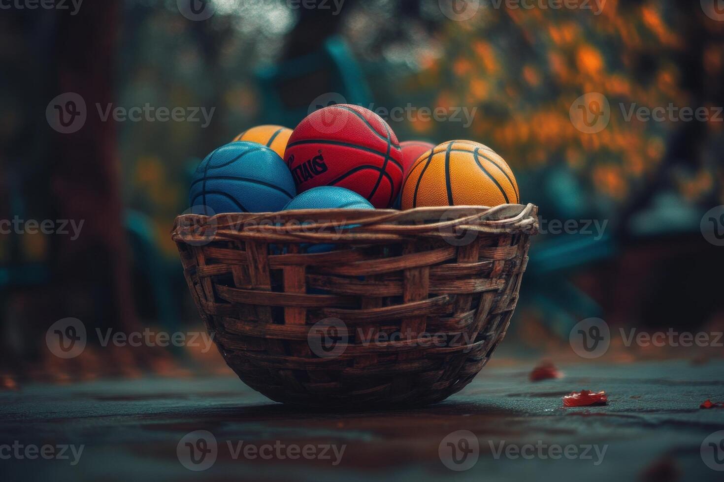 Colorful basketballs in a wicker basket on a wooden surface. photo