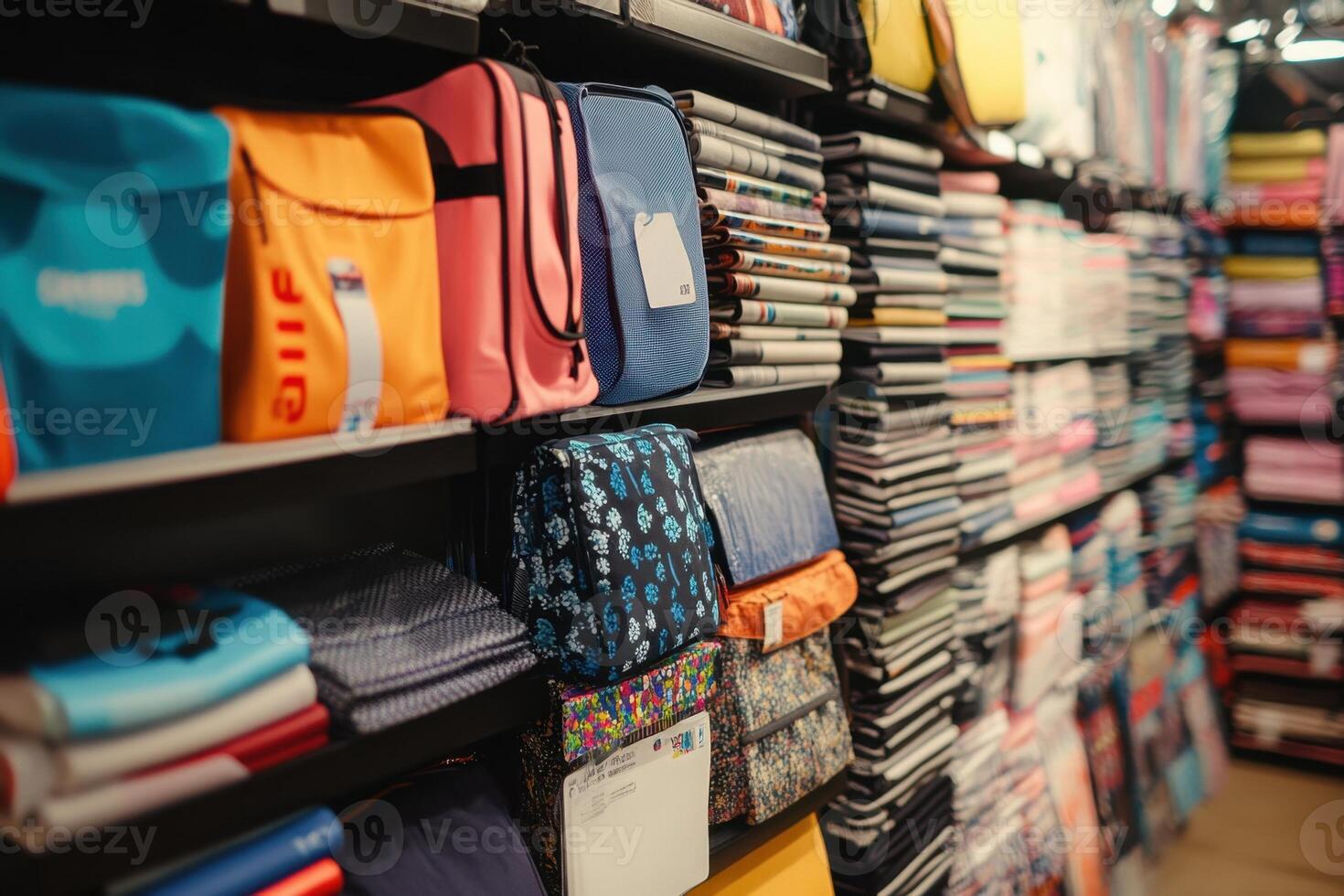 Colorful bags and notebooks on a shelf in a store. photo
