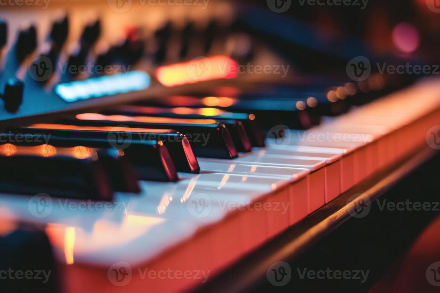 Closeup of a keyboard with colorful lights reflecting off the keys. photo