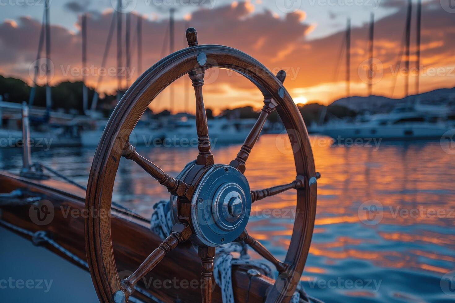 Wooden ship wheel with a beautiful sunset view. photo