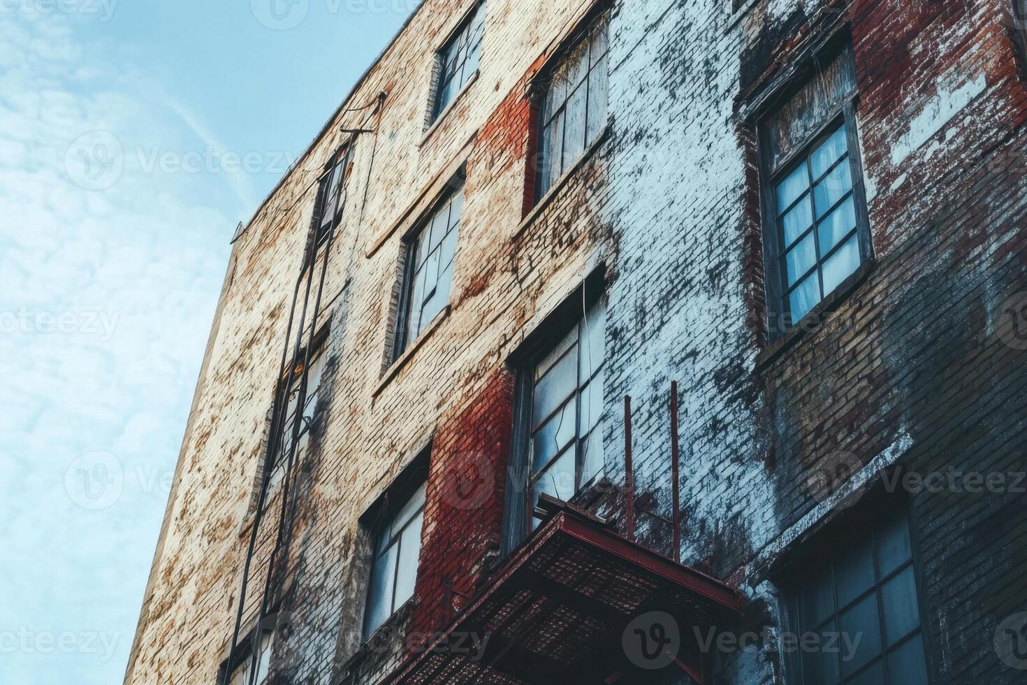 Low angle view of a weathered brick building with windows. photo