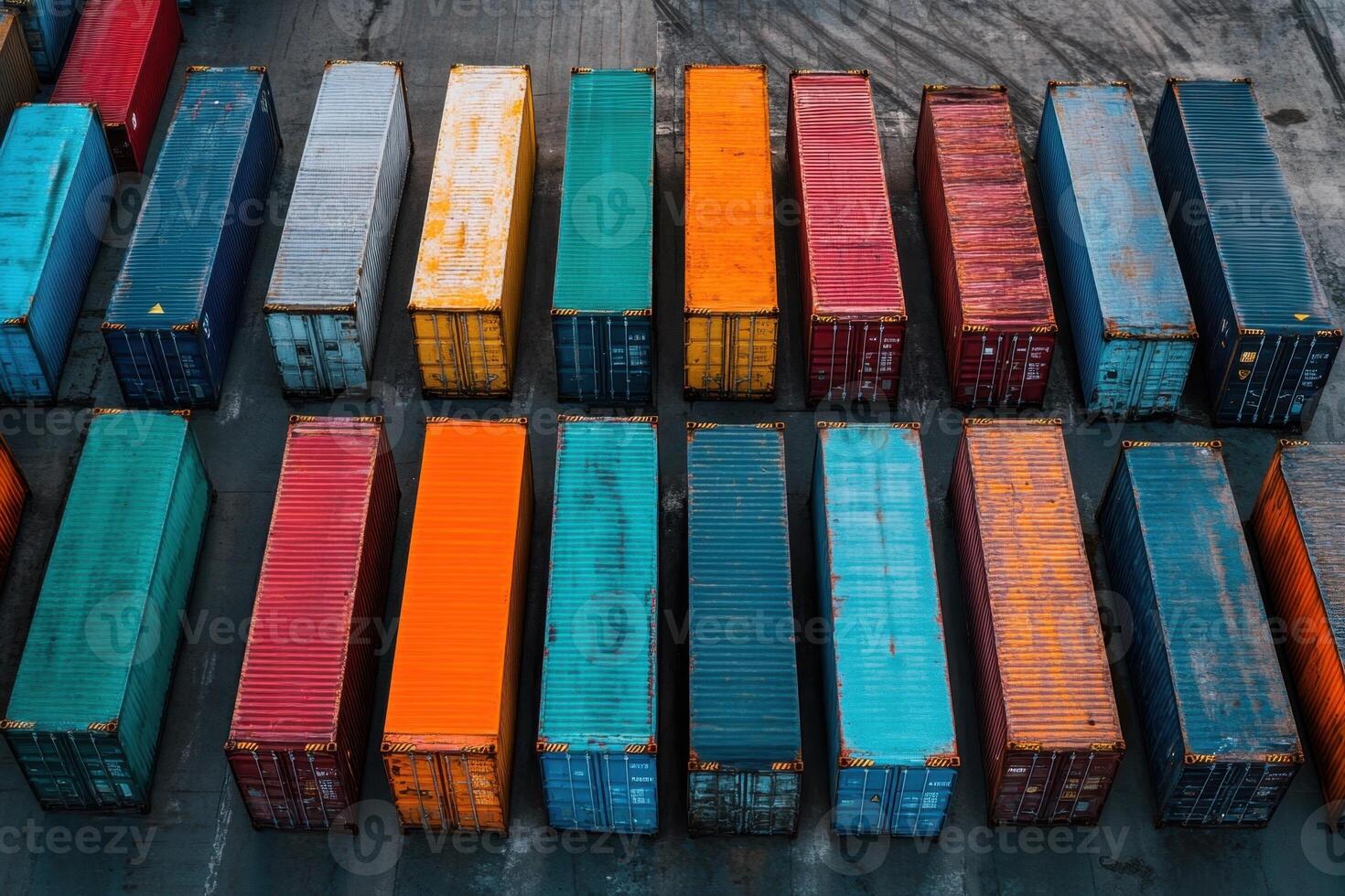 Colorful shipping containers stacked in a row at a port. photo