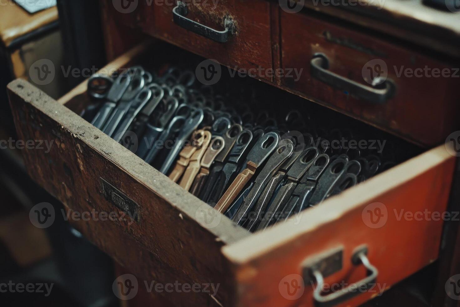 Open drawer filled with various metal tools. photo