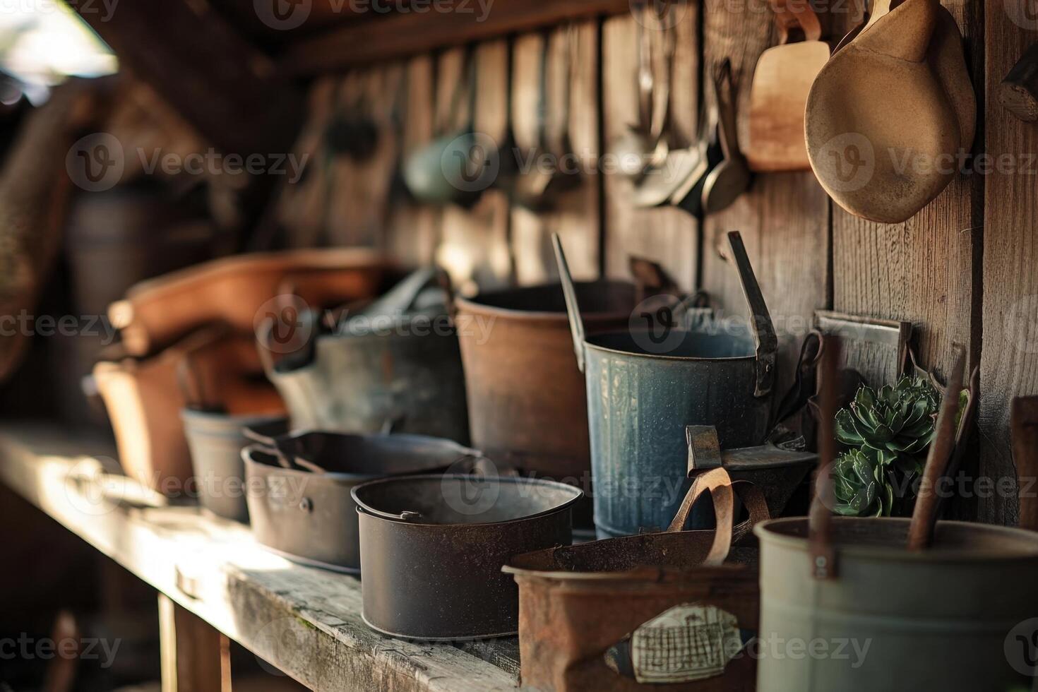 Rustic metal and wooden buckets and other utensils hanging on a wooden wall. photo