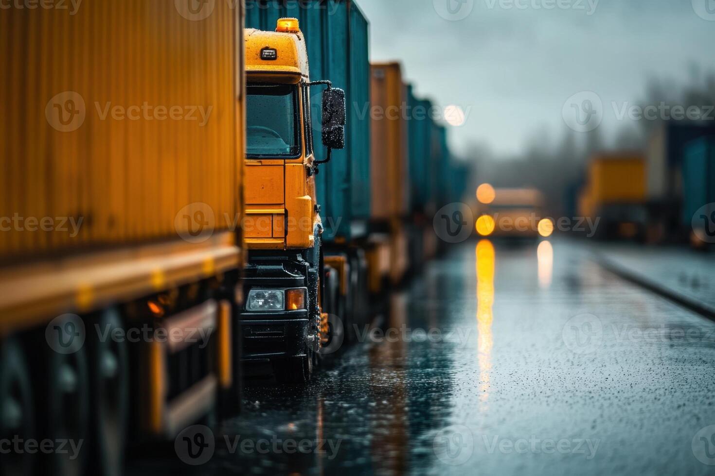 Semi-trucks parked in a row on a wet street. photo