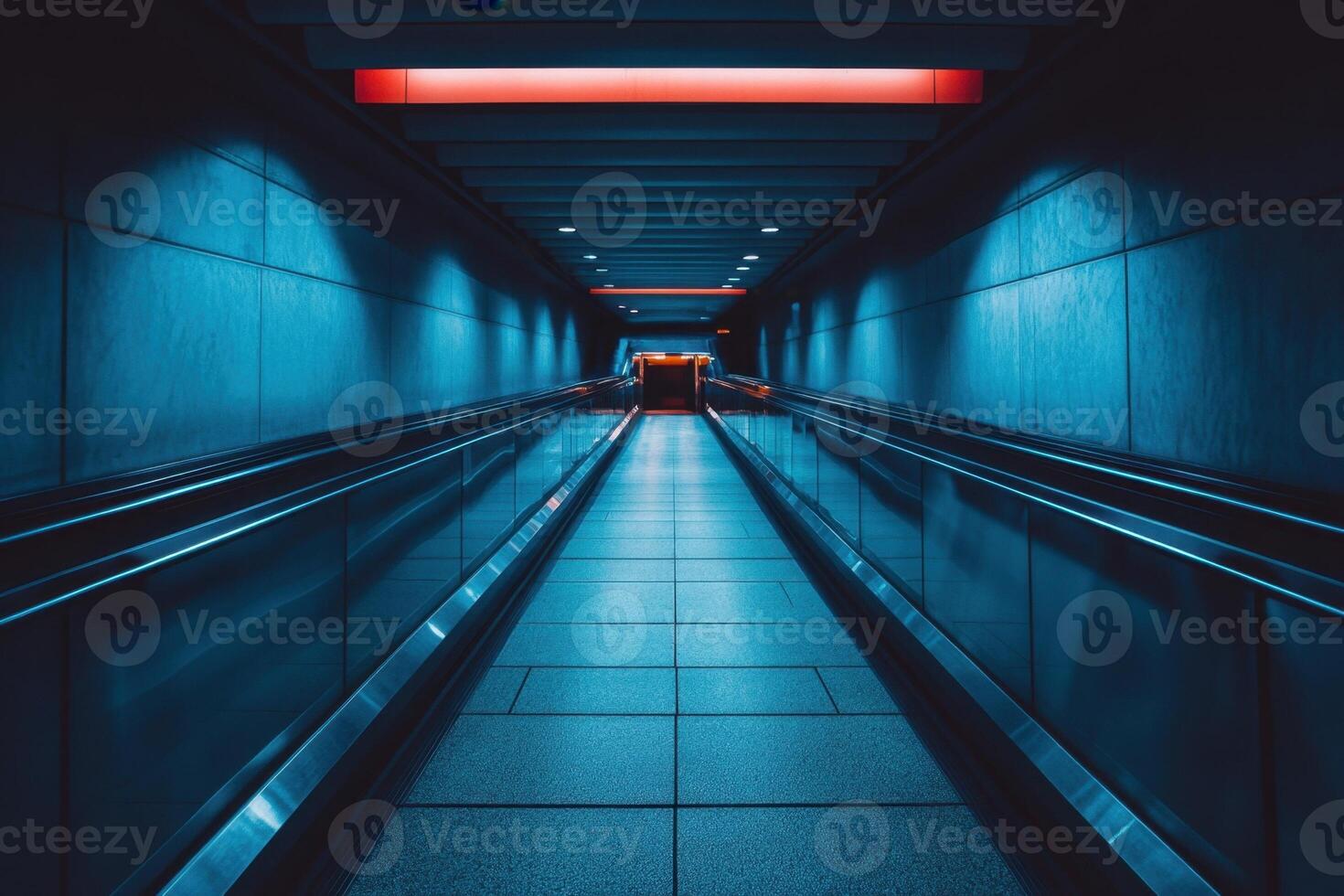 Empty moving walkway in a blue lit tunnel. photo
