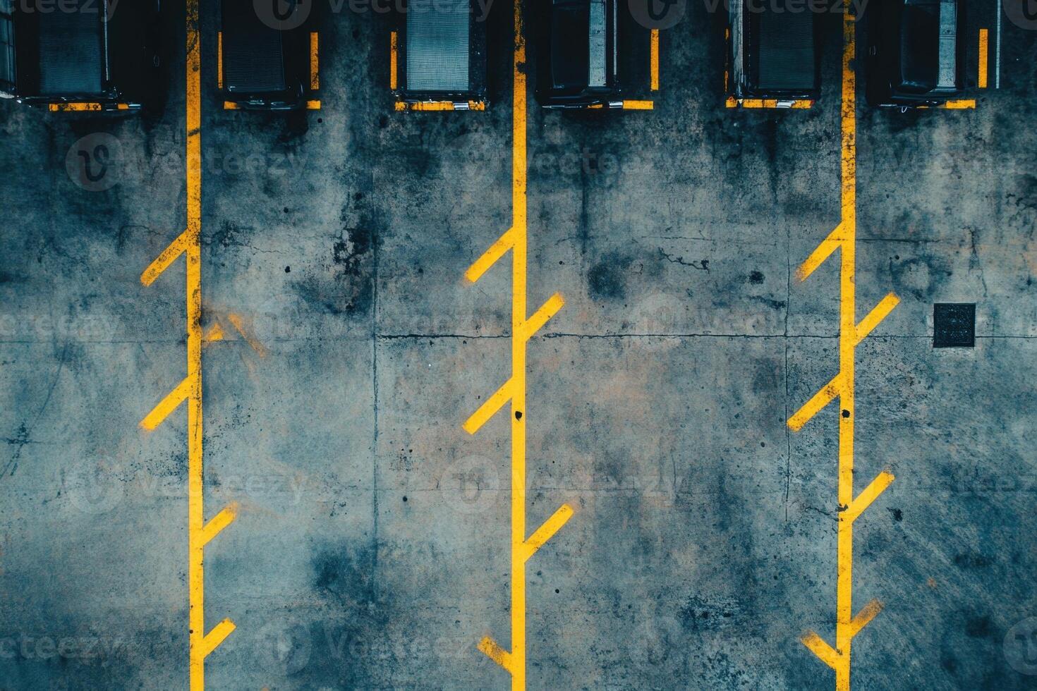 Empty parking spaces with yellow lines painted on a concrete surface. photo