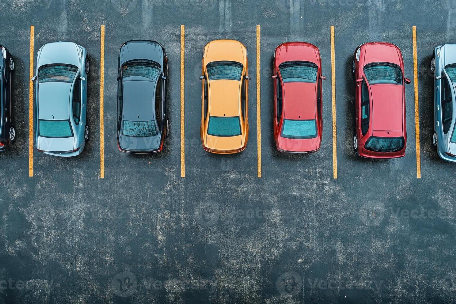 Overhead view of parked cars in a row with yellow lines. photo