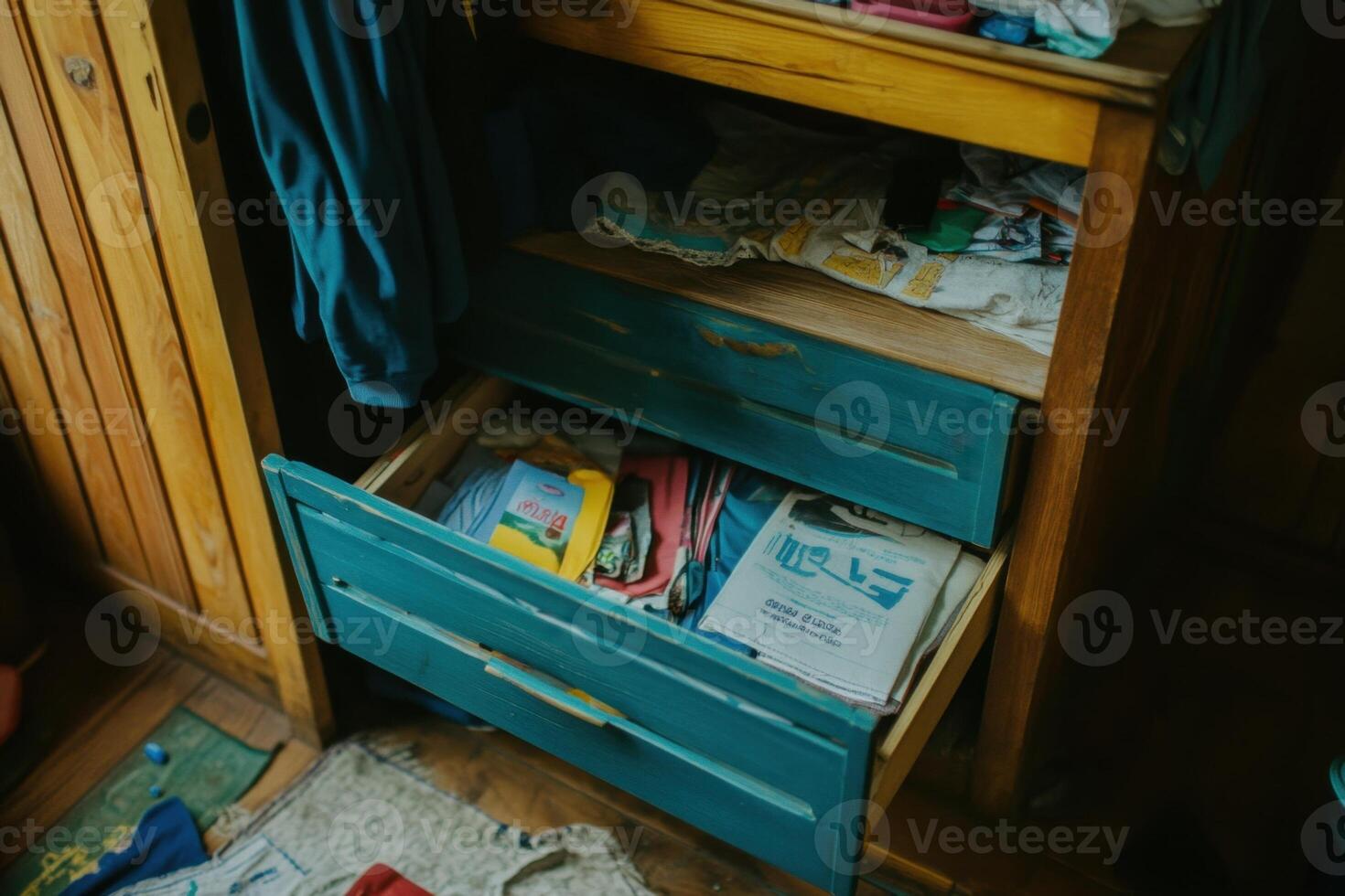 Open drawer of a wooden cabinet with clothes and other items inside. photo