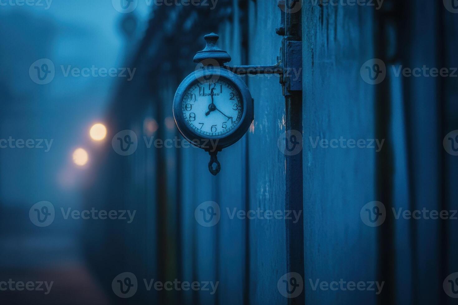 Vintage clock on a fence in a foggy, blue-toned environment. photo