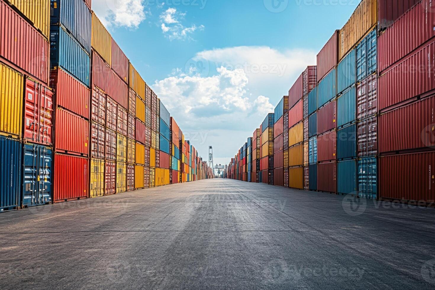 A long row of colorful shipping containers at a port. photo