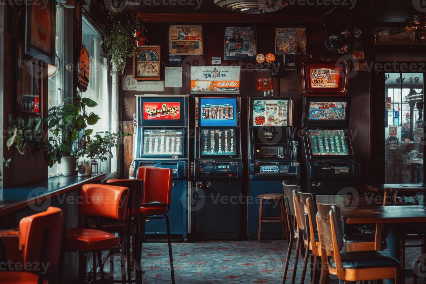 A dimly lit pub with three slot machines, a few chairs, and a potted plant. photo