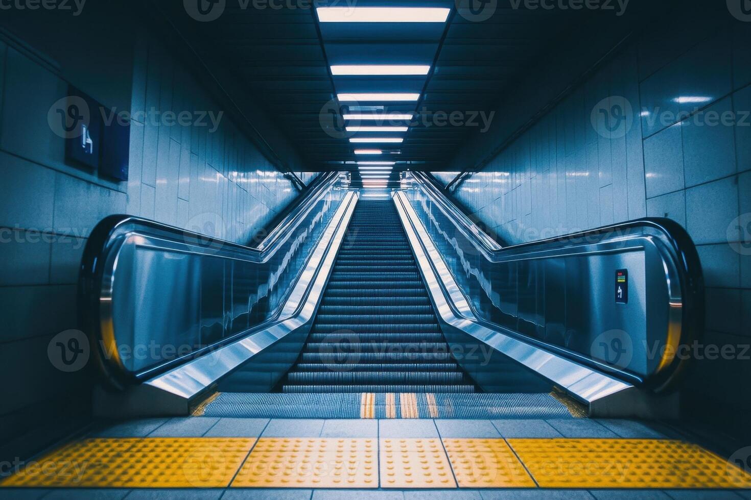 An empty escalator leading up to a lit hallway in a subway station. photo