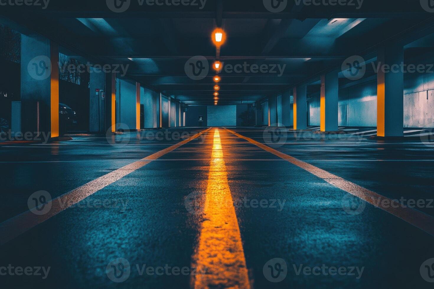 Empty parking garage with yellow lines and dim lighting. photo