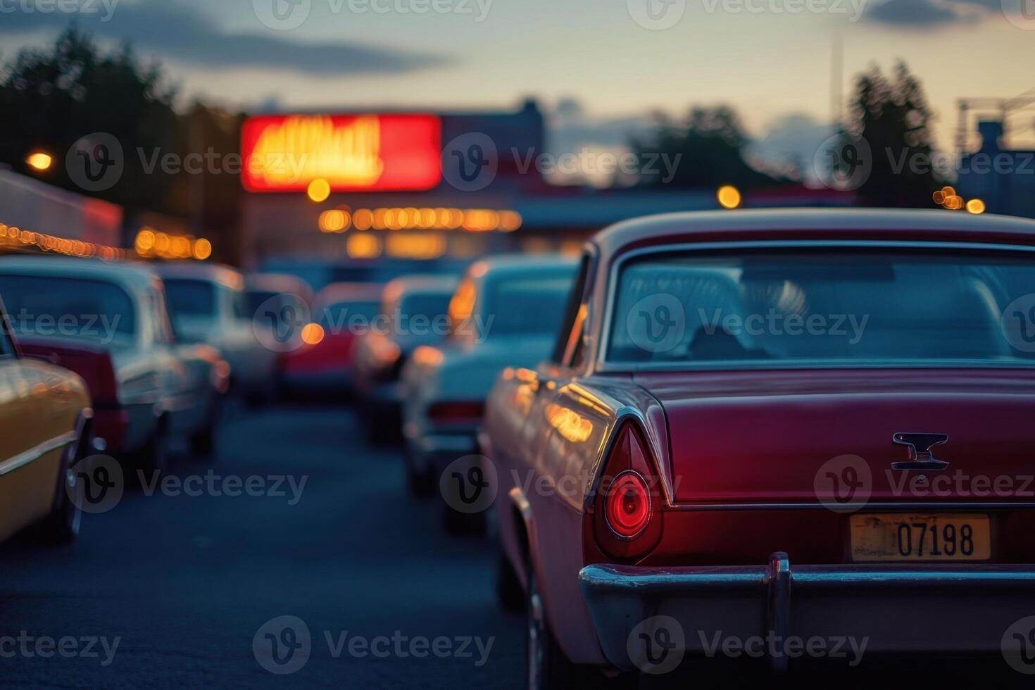 A line of classic cars wait at a drive-in movie theater at dusk. photo