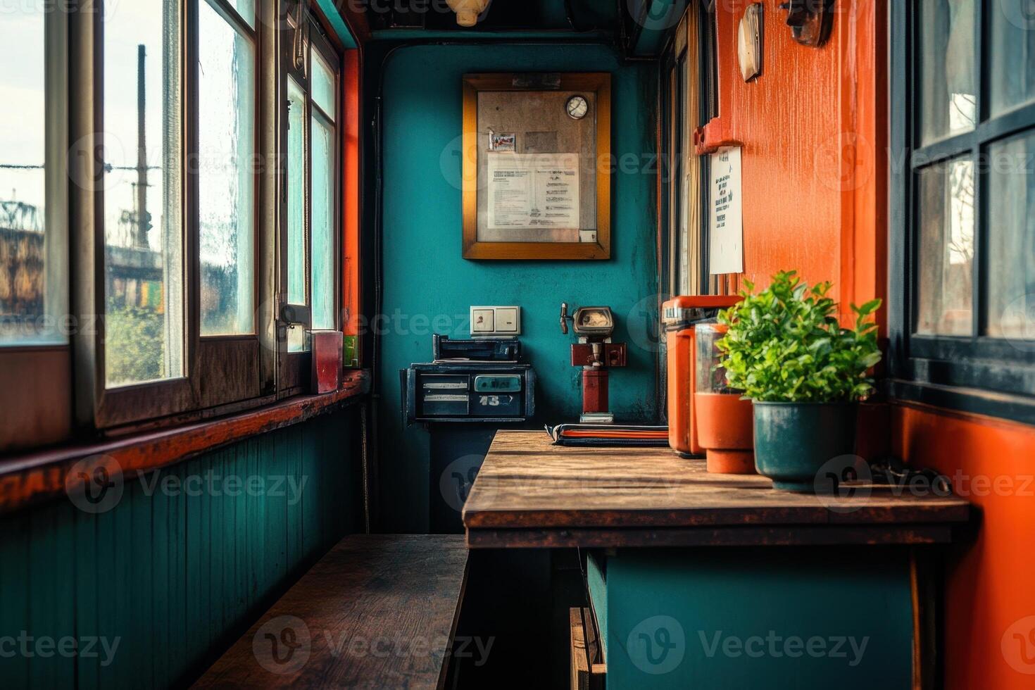 A small, colorful cafe with wooden bench, table, and window. photo