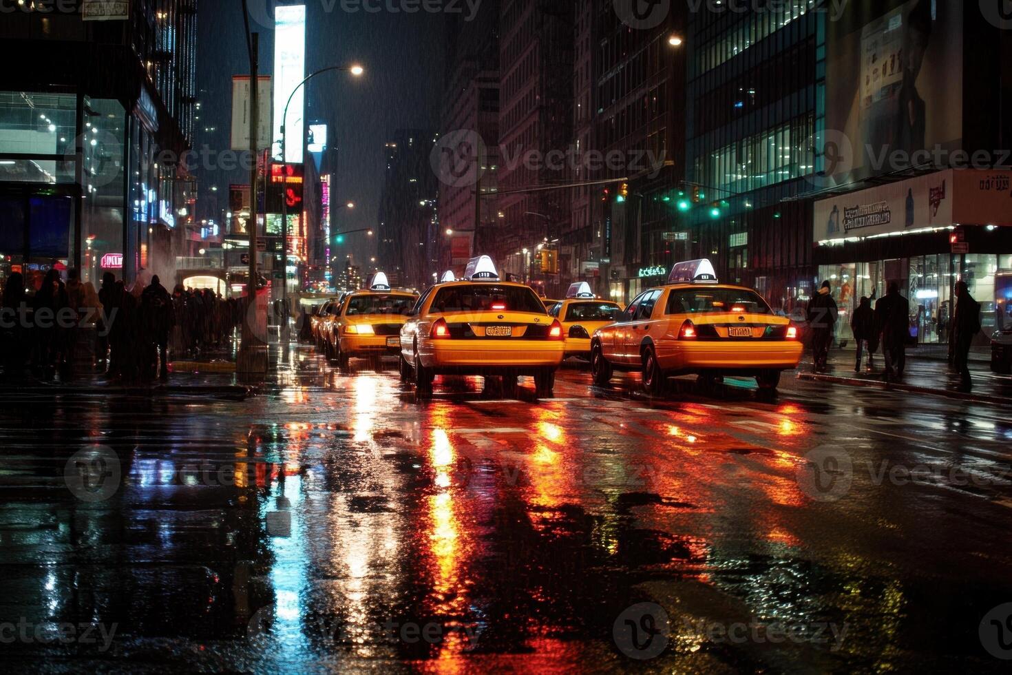 A line of yellow taxis drive down a wet street in New York City at night. photo