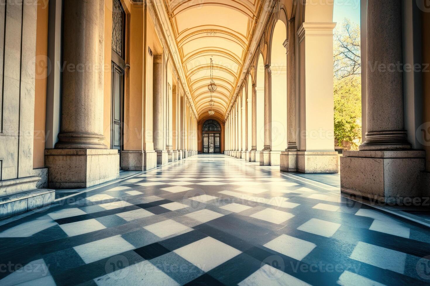 A long, arched hallway with pillars and a checkered floor. photo
