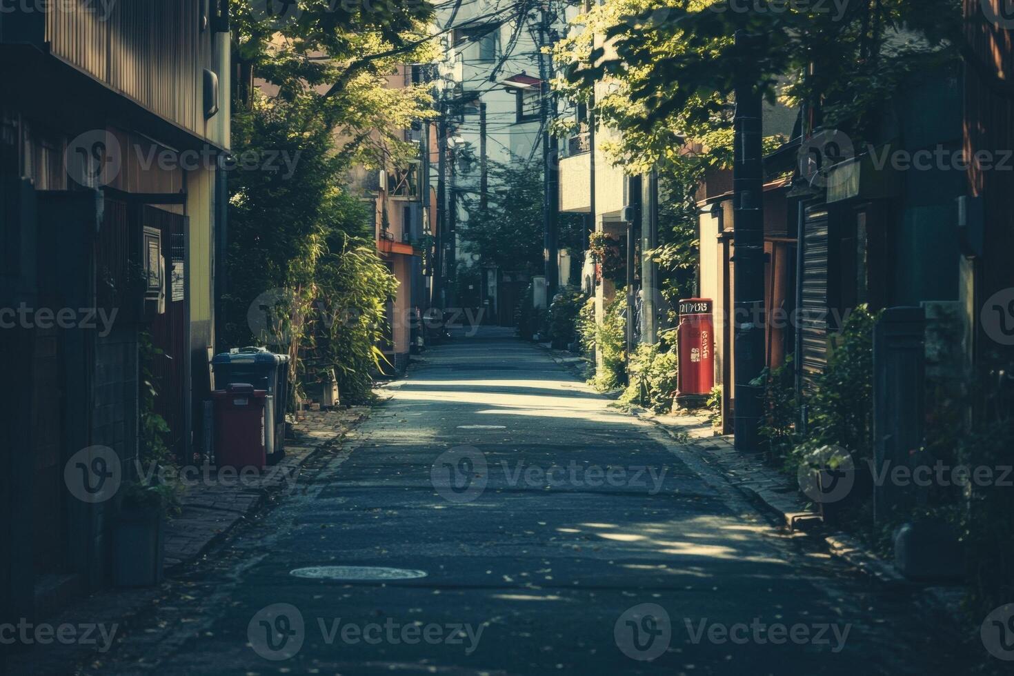 A narrow, quiet street in a Japanese neighborhood with a red postbox and lush greenery on either side. photo